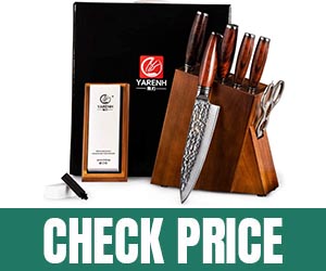 Damascus Kitchen Knife Set with Block Wooden and Sharpener Stone