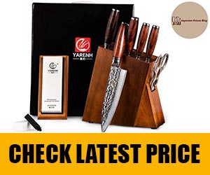 Damascus Kitchen Knife Set with Block Wooden and Sharpener Stone- Yarenh